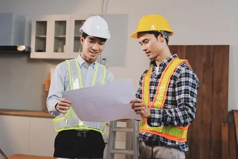Asian architect and engineer team checking architectural house model using .. Stock Photos