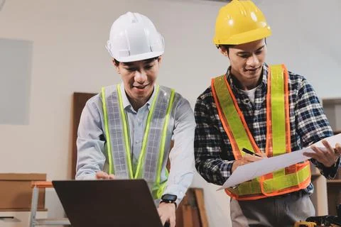 Asian architect and engineer team checking architectural house model using .. Stock Photos