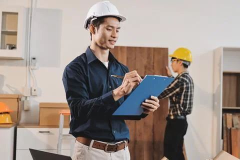 Asian architect and engineer team checking architectural house model using .. Foto stock