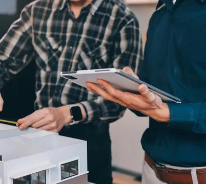 Asian architect and engineer team checking architectural house model using .. Stock Photos