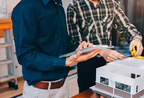 Asian architect and engineer team checking architectural house model using .. Stock Photos