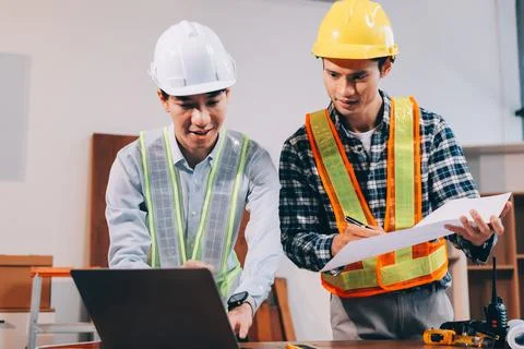Asian architect and engineer team checking architectural house model using .. Stock Photos