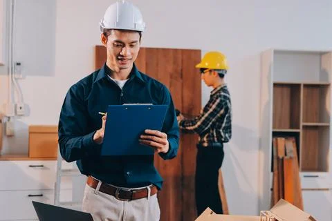 Asian architect and engineer team checking architectural house model using .. Stock Photos