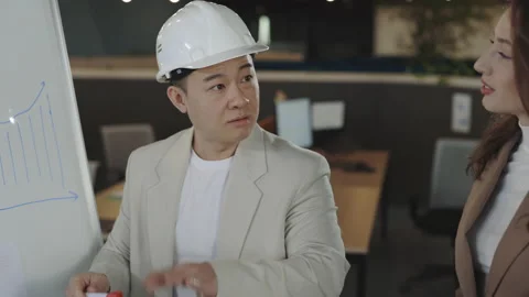 Asian architect explaining idea to colleagues near flipchart Stock Footage 195222073