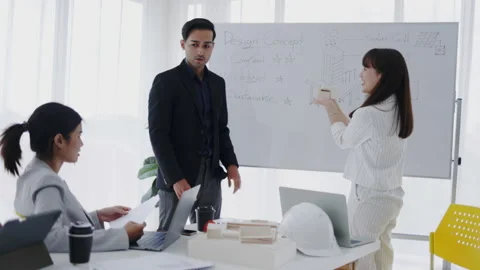Asian architect presenting meeting for design and construction of furniture Video stock 159324081