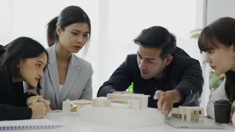 Asian architect presenting meeting for design and construction of furniture Video stock 159324327
