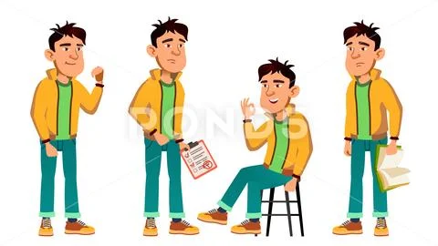 Asian Bad Boy Poses Set Vector. High School Child. Teenage. Beauty, Lifestyle Stock Illustration