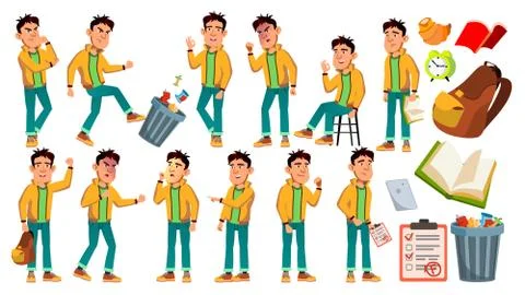 Asian Bad Boy Schoolboy Vector. High School Child. Children Study. Smile 스톡 일러스트