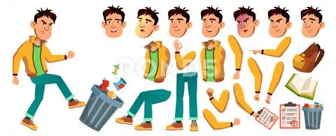 Asian Bad Boy Vector. High School Child. Animation Creation Set. Face Emotions Stock Illustration
