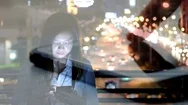 Asian Beautiful Happy Smiling Woman Using Smart Phone By Double Exposure Stock Footage