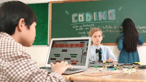 Asian boy coding program while friend fixing electric board at class. Pedagogy. Foto stock