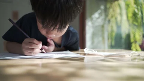Asian boy doing his homework, drawing and painting picture with color pencil Stock Footage 147336952