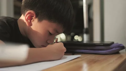 Asian boy drawing and study at home Stock Footage 238882361