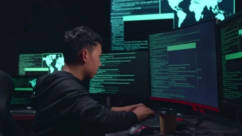 Asian Boy Hacker Hacking With Multiple Computer Screens And Pose In Dark Room Stock-Footage 157329004