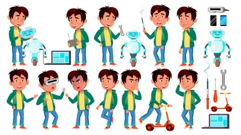 Asian Boy Kid Poses Set Vector. Build Robot Helper. Primary School Child. For Illustrazione stock