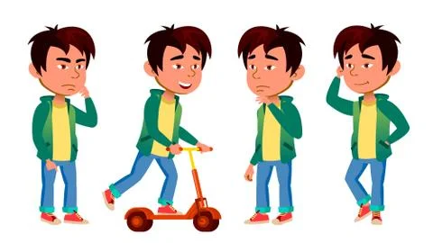 Asian Boy Kid Poses Set Vector. Primary School. Kifestyle. For Web, Brochure Stock Illustration