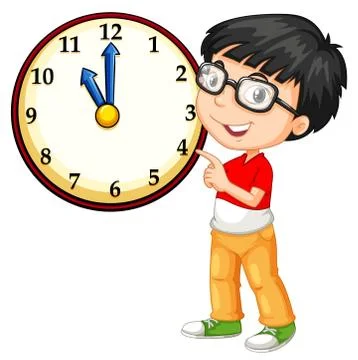 Asian boy looking at big clock Stock Illustration