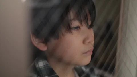 Asian boy looks out of the window with negative emotion. Stock Footage 224288573