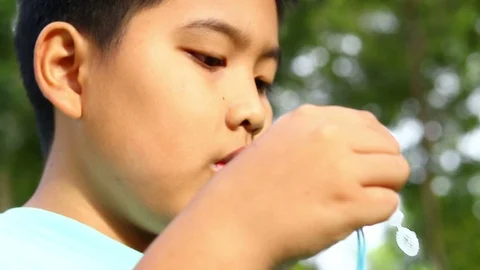 Asian boy Play blowing bubbles in the backyard. Stock Footage 95685988