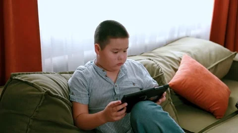 Asian boy playing on tablet while sitting on olive sofa in bright living room Video stock 312661816