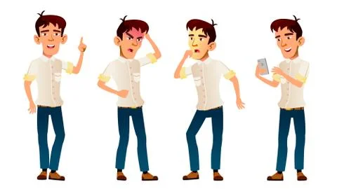 Asian Boy Poses Set Vector. High School Child. Panic, Shock. Classmate. Teenager Illustrazione stock