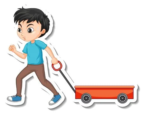 Asian boy pulling wagon cartoon character sticker 스톡 일러스트
