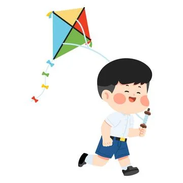 Asian boy running while flying colorful kite Stock Illustration