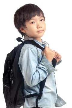 Asian boy with school backpack Stock Photos