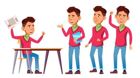 Asian Boy Schoolboy Set Vector. High School Child. Schoolchild. Funny Stock Illustration