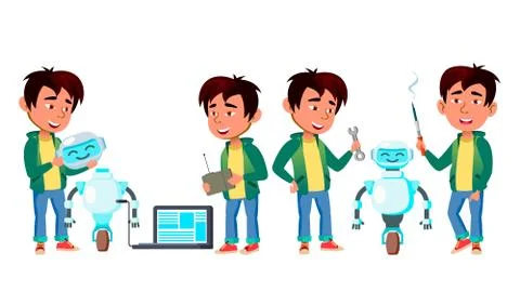 Asian Boy Set Vector. Primary School. Study. Build Robot Helper. Knowledge Stock Illustration