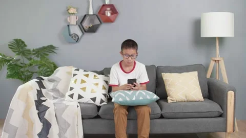 Asian boy sit on sofa and use mobile phone in living room at home. Stock Footage 156080470