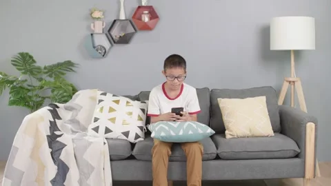Asian boy sit on sofa and use mobile phone in living room at home. Stock Footage 156239316