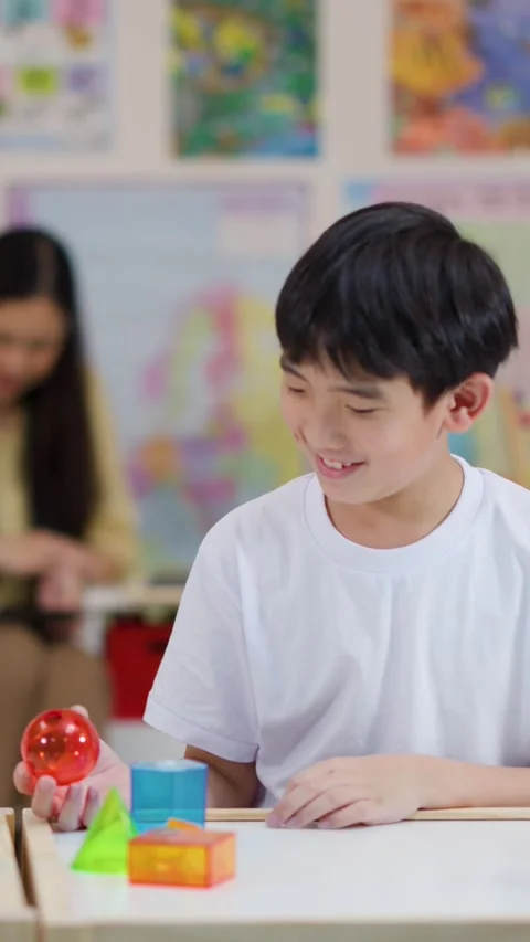 Asian Boy Studying 3D Geometric Shapes in a Bright Classroom Setting Stock Footage 330234738