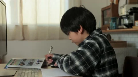 Asian boy typing to research for his assignment. Stock Footage 224254596