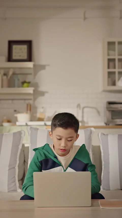 Asian boy using laptop at home for online learning or gaming in living room. Vídeo Stock 306644939