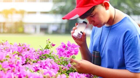 An Asian boy using a microscope to study and explore species of plants in l.. Stock Photos