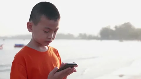 An Asian boy is using a smartphone to checking photos, learning online content. Stock Footage 145125622