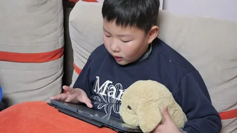 An Asian boy is using a tablet to study English Stock-Footage 266429216