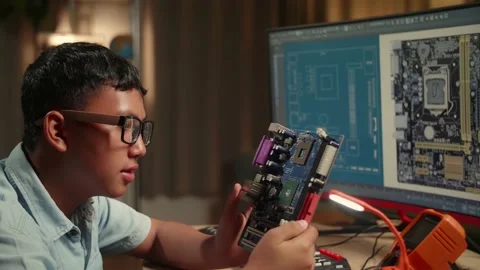 Asian Boy Is Working With Desktop Computer And Looking At Mainboard In Home Stock Footage 158692828