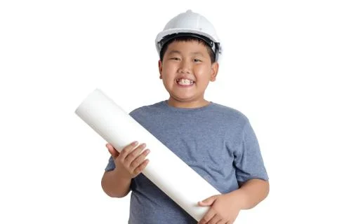 Asian boy Would like to be an engineer and holding a construction plan. Stock-Fotos