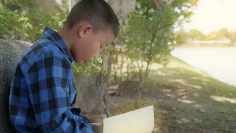 Asian, boy writes in a notebook  sitting on a bench in the Park Stock Footage 118875214