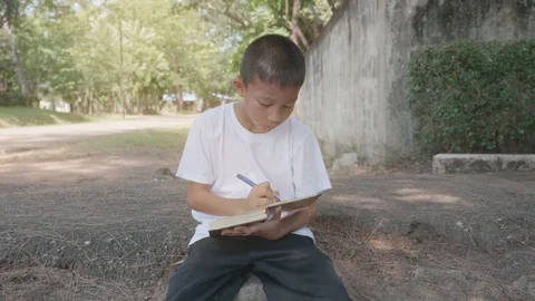 Asian boy writes in a notebook  sitting in the Park Stock Footage 118884434