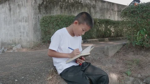 Asian, boy writes in a notebook  sitting in the Park Stock Footage 118885080