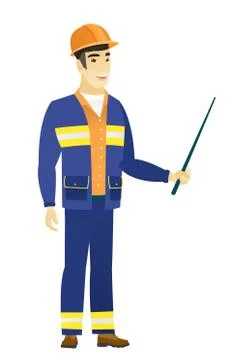 Asian builder holding pointer stick Stock Illustration
