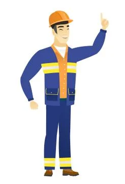 Asian builder pointing with his forefinger Illustrazione stock