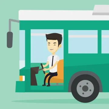 Asian bus driver sitting at steering wheel Ilustración de archivo