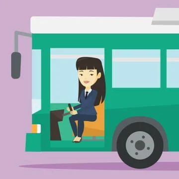 Asian bus driver sitting at steering wheel Ilustración de archivo