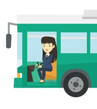 Asian bus driver sitting at steering wheel Ilustración de archivo
