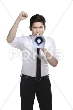 Asian business man shout on megaphone Stock Photos