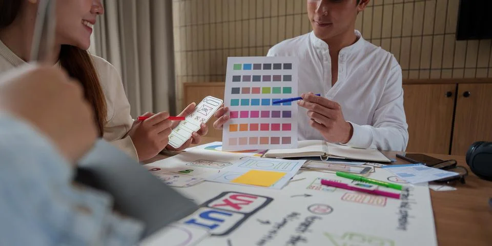 Asian business team collaborating on UI UX design creative process with color Stock Photos